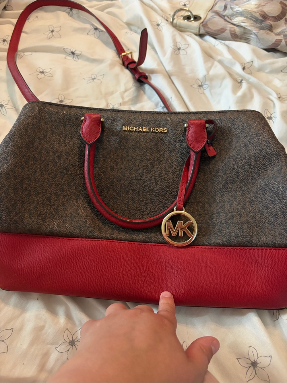 Michael Kors Brown Signature Satchel with Red Trim